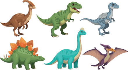 Cartoon dinosaurs collection prehistoric animals set vector illustration colorful jurassic creatures for kids education and adventure design © Prodip