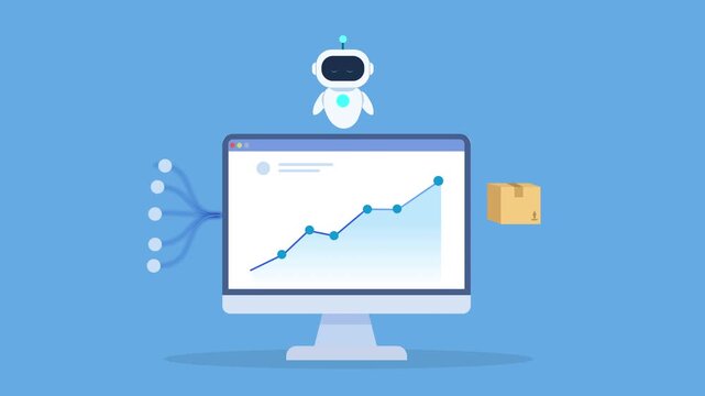Animated AI-powered e-commerce analytics dashboard with a package box icon, representing delivery, shipping, logistics management, and online order fulfillment.