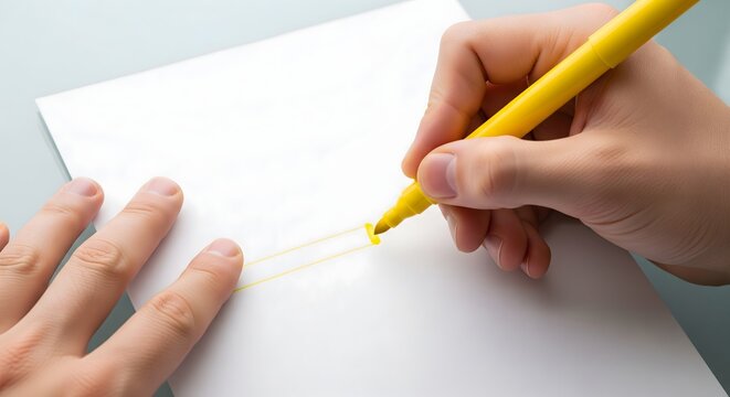 A close-up view of a person's hands using a vibrant yellow highlighter to mark an important section on a crisp white sheet of paper, emphasizing key information.
