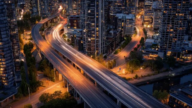 Stunning time lapse view of urban highway traffic at dusk, showcasing the blur of vehicle lights and the city's dynamic energy and fast-paced lifestyle.