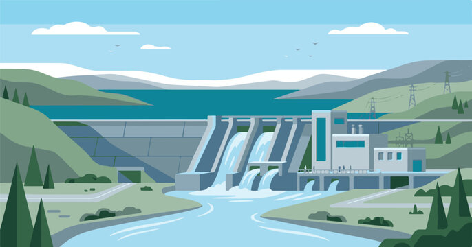 A panoramic summer view of a massive hydroelectric power plant dam on a river nestled between green mountains and a lake under a cloudy sky in the European nature landscape