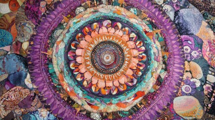 Fototapeta premium Vibrant bohemian mandala inspired rug design with colorful patterns and textures in purple orange and turquoise
