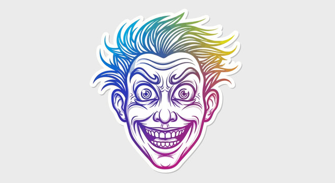 Crazy Joker Face Sticker with Rainbow Hair, Evil Grin, and Wide Eyes - Stock Illustration