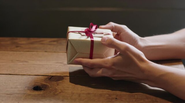 Close up of hands giving wrapped gift box over wooden table