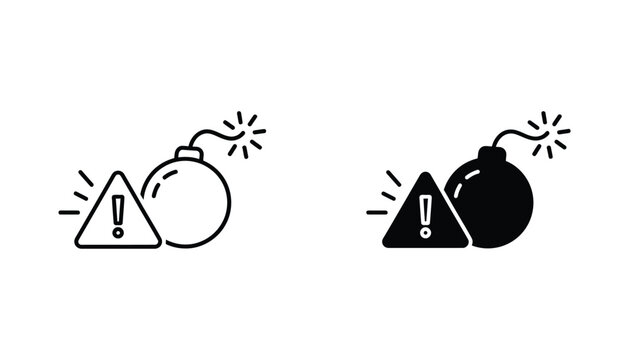 Bomb explosive icon set with warning triangle in black and white vector style for security or safety hazard alerts