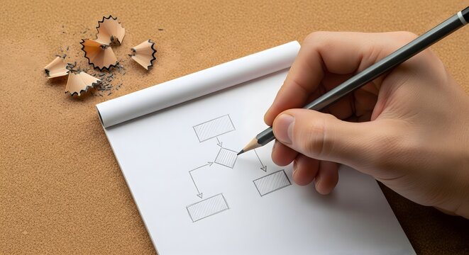 A person's hand meticulously sketches a flowchart diagram on a white notepad with a graphite pencil, surrounded by pencil shavings.