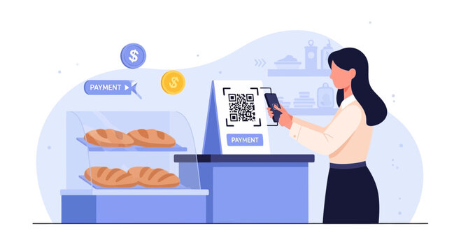 Woman scanning QR code for contactless payment at bakery counter with bread