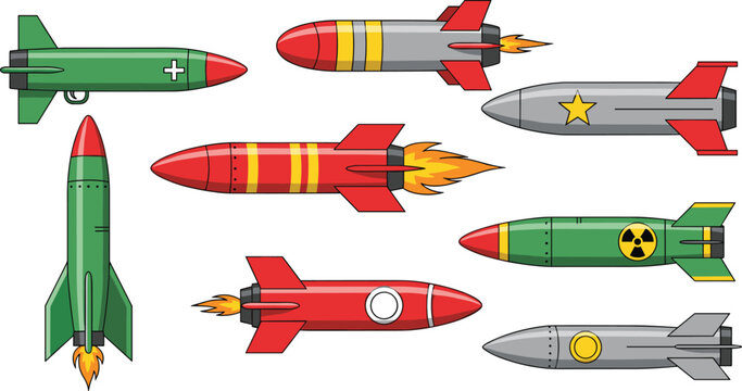 Cartoon rockets and missiles collection colorful space and military projectile vector illustration flying rocket set for technology and defense design