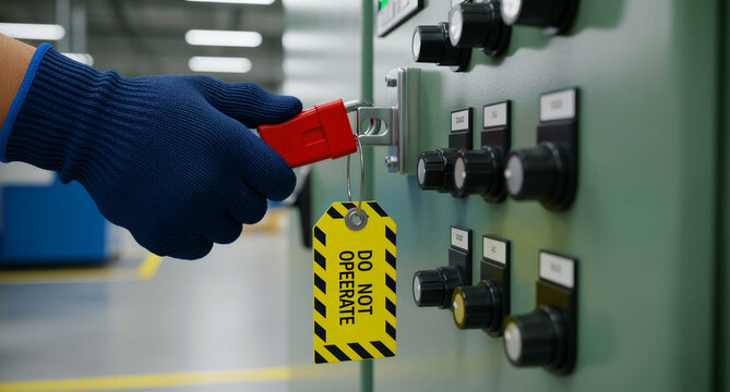 Worker applying red padlock to industrial control panel. Yellow safety tag reading DO NOT OPERATE ensures maintenance security. LOTO concept for industrial safety training and compliance ads.