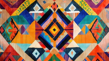 Fototapeta premium Vibrant bohemian rug with colorful geometric pattern and earthy tones for home decor and textile design