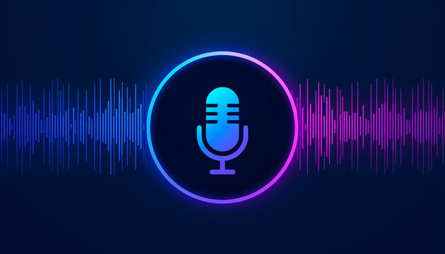 A vibrant blue microphone icon pulses within a glowing circular frame, flanked by colorful sound waves on a dark background.