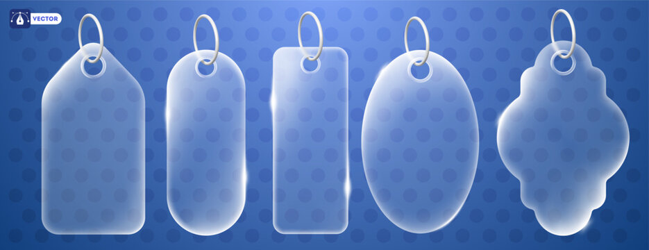 Labels with transparency and glassmorphism effect. Sale event, great offer notification icon. Glassy transparent price tag set. Online shopping with savings concept. Vector illustration