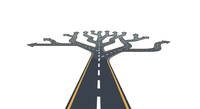 Asphalt road splits into multiple paths like tree branches symbolizing choices and opportunities