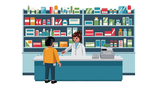 pharmacy scene with pharmacist and customer on transparent background