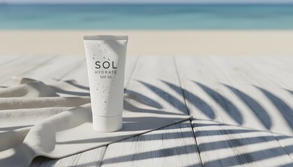 Obraz premium Horizontal image of sun protection cosmetic cream tube on a white wooden table at the beach for a summer skincare and UV defense concept