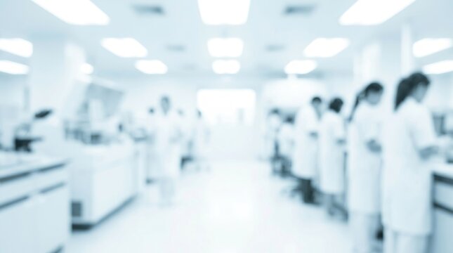 blurred laboratory medical research scientist healthcare clinical background showing professional team of doctors working in clean modern sterile hospital interior environment.