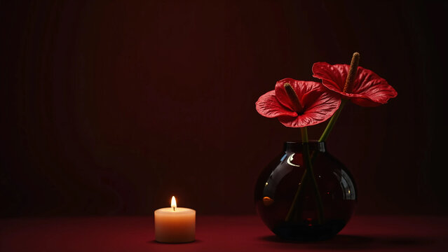 Elegant Red Anthurium Flowers in Glass Vase with Lit Candle on Dark Background with Copy Space