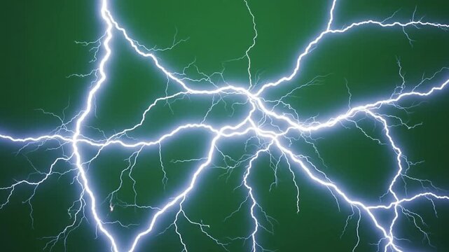 Dynamic visual representation of powerful blue lightning bolts and electrical discharges crackling across a vibrant green background, symbolizing energy, technology, and interconnected networks