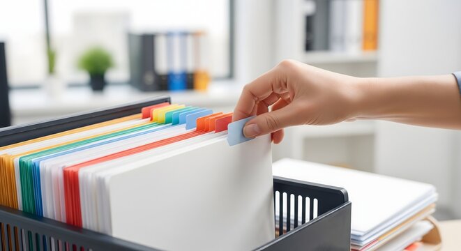 Close-up of a professional's hand meticulously organizing and retrieving important documents from a brightly colored filing system in a modern office setting.