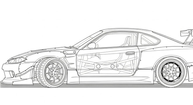 Detailed technical drawing of a sports car side profile.