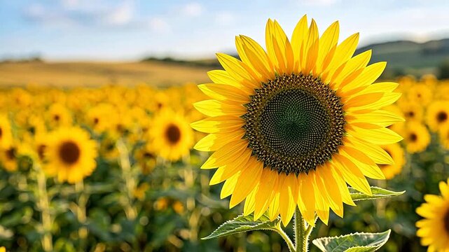 Sunflower field in bloom ideal for travel vlogs and eco-friendly campaigns