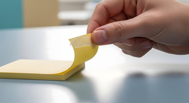 A person's hand meticulously peels a single yellow sticky note from a stack on a clean, light-colored desk surface.