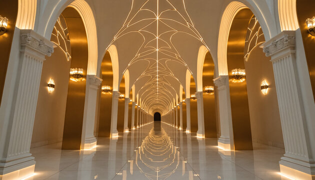 A luxurious, long grand hallway features elegant archways and classical columns illuminated by warm golden lighting, creating a symmetrical opulent corridor.