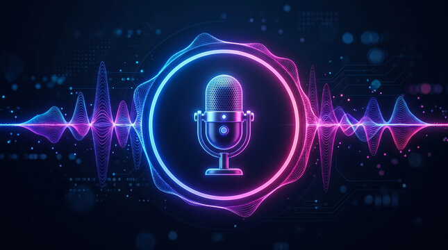 A retro-style microphone icon is encircled by a vibrant neon ring with pulsating blue and pink sound waves on a dark, technologically-inspired background.