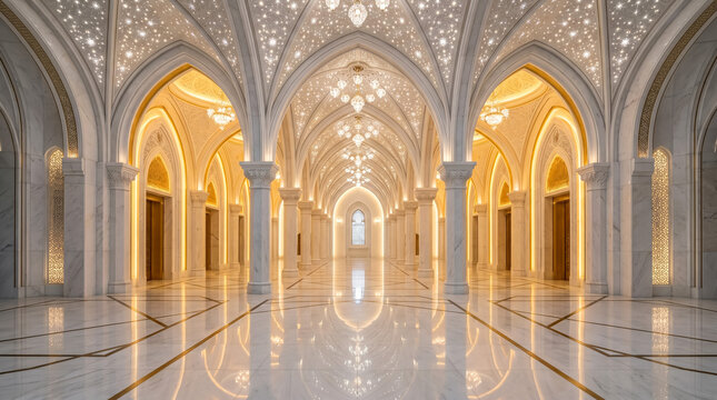 An expansive and intricately decorated grand hall features elegant archways, classical columns, and a highly reflective marble floor creating a dazzling symmetrical interior.