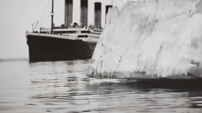 rms titanic ocean liner ship sailing past massive iceberg in north atlantic vintage black and white historical maritime disaster scene