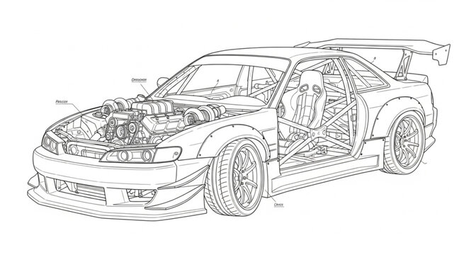 Detailed technical drawing of a sports car with internal components visible.