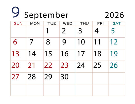 2026年カレンダー　9月