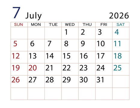 2026年カレンダー　7月