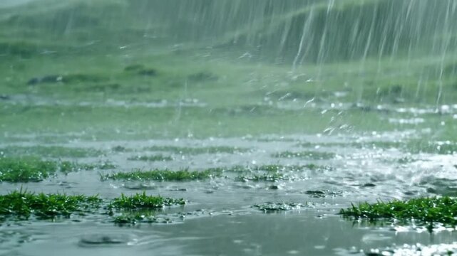 Heavy rain pouring down on lush green grass fields with puddles forming