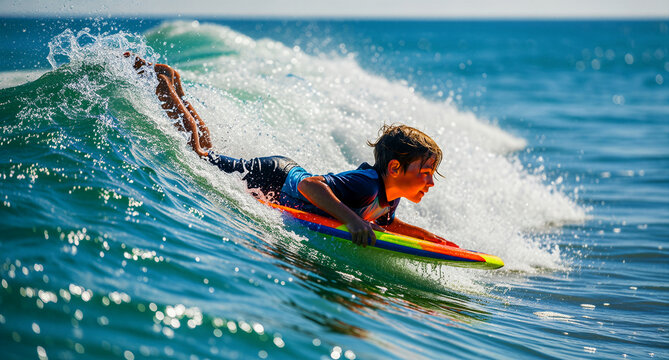 Young boy riding a colorful bodyboard on a cresting ocean wave. Child enjoys surfing in blue water during a sunny beach day. Active summer holiday concept, ideal for travel and youth sports ads.