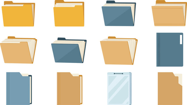 File Folder Vector Set Featuring Multiple Manila And Blue Office Binder Designs For Document Storage Paper Organization Workspace Management And Business Stationery Designs