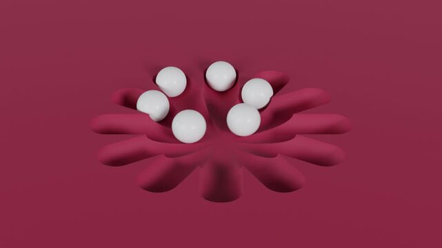 Abstract 3D Background with Six White Balls Moving Along Smooth Grooved Tracks on Burgundy Surface Minimal Geometric Composition for Branding Advertising and Motion Graphics