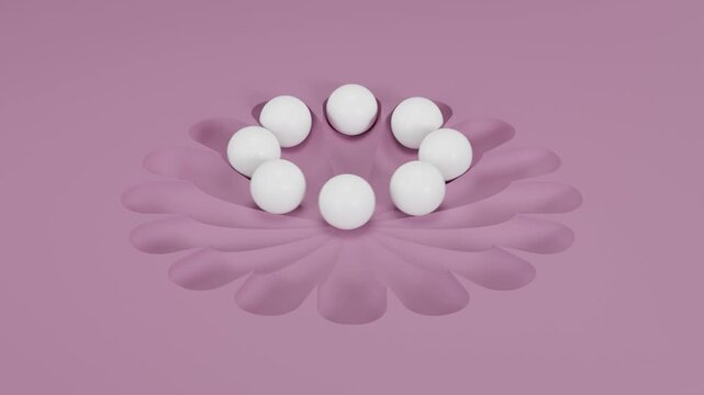 Abstract 3D Background with Eight White Spheres Rolling Through Parallel Channels on Soft Pink Surface Minimal Modern Geometry Render for Designers Art Directors and Digital Media