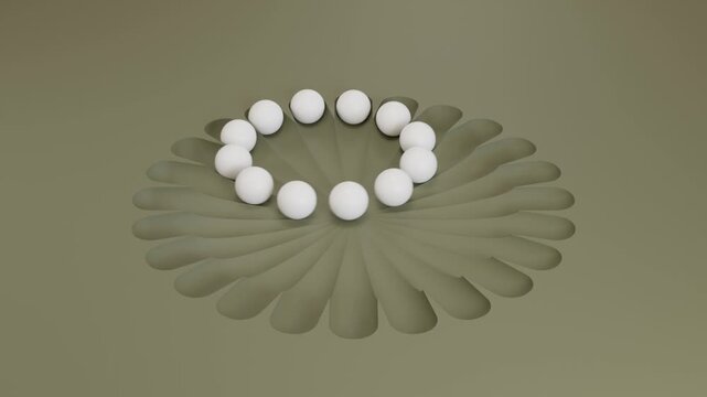 Abstract 3D Background with Twelve White Spheres Rolling Through Sculpted Channels on Olive Green Brown Surface Minimal Modern Geometry Render for Advertising Motion Design and Visual Storytelling