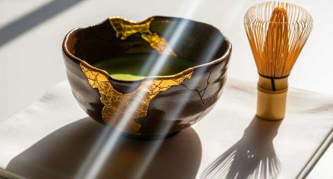 Matcha tea in a Kintsugi repaired ceramic bowl with bamboo whisk. Sunlight highlights the gold lacquer and green powder tea. Wabi-sabi and zen wellness concept for Japanese culture marketing.