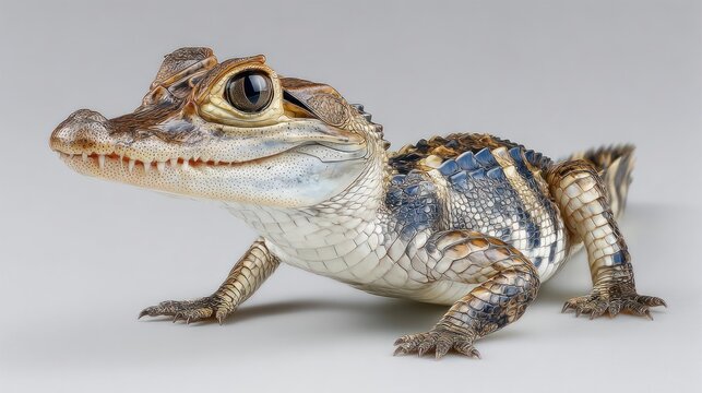 Close-up of a baby caiman on a white background, showcasing its scales and features.