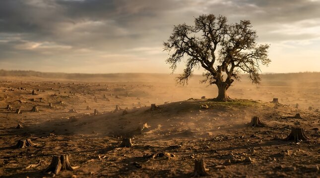A lone, resilient tree stands dramatically on a dusty hill, surrounded by tree stumps under a somber, cloudy sky in a deforested landscape.