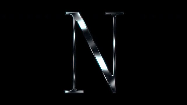 Silver metallic Capital letter "N". Alpha channel. Serif font. Seamless loop video.