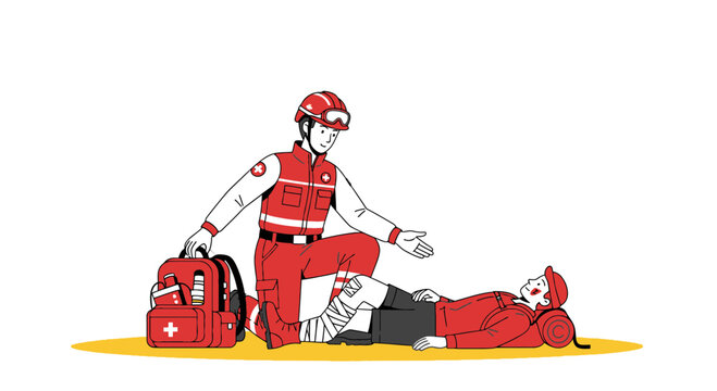 Paramedic assists injured person with bandaged leg, first aid kit nearby