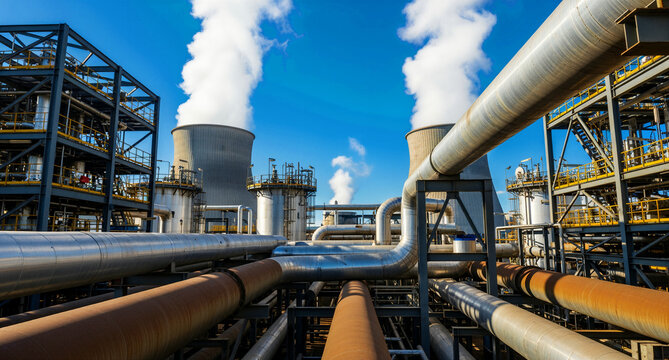 Industrial power plant with massive cooling towers and intricate pipeline systems. White steam rises from towers into a clear blue sky. Energy production concept for global infrastructure media.