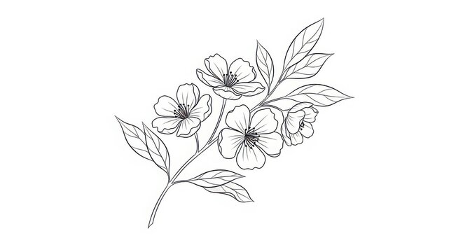 A line drawing of a branch with flowers on a white background
