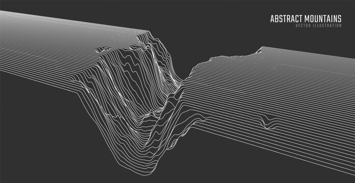Contour mountain landscape. Waved line art. Abstract minimal topographic map. Contour lines with elevations and terrain depth. Vector illustration.