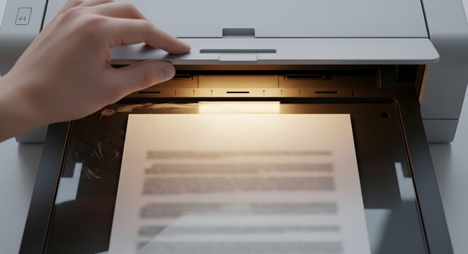 A person's hand carefully opens the lid of a modern document scanner, revealing a bright light illuminating a sheet of paper with text.