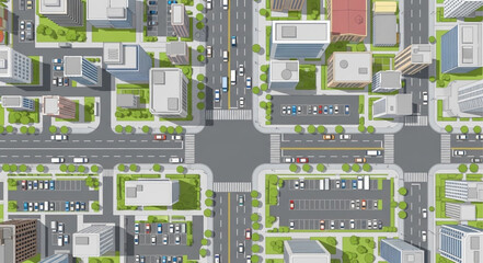 Aerial view of a busy city intersection with traffic and buildings. © Ropi