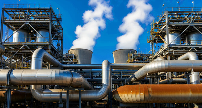 Industrial power plant with cooling towers and large steel pipes. Smoke stacks emitting steam against a clear blue sky in a factory complex. Energy production concept for industry marketing.